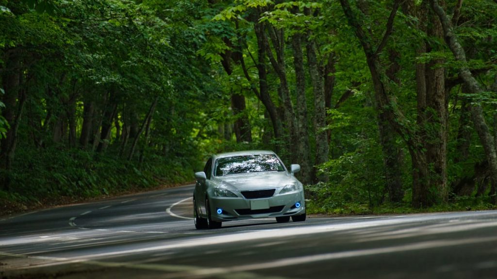 緑豊かな森に囲まれた曲がりくねった道路を走行する銀色の車。