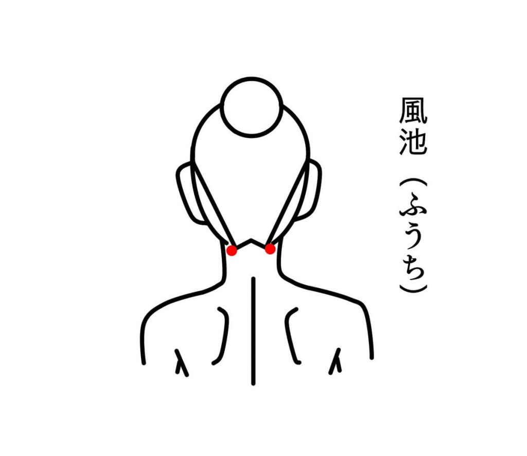 後頭部の首の付け根にある「風池」ツボの位置を示したシンプルな解剖学的イラスト。赤い点で示されています。