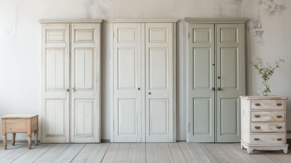 A set of three vintage-style wardrobe doors in white and light green, arranged against a rustic wall. A small wooden stool and a white chest of drawers with a flower vase are placed beside them.