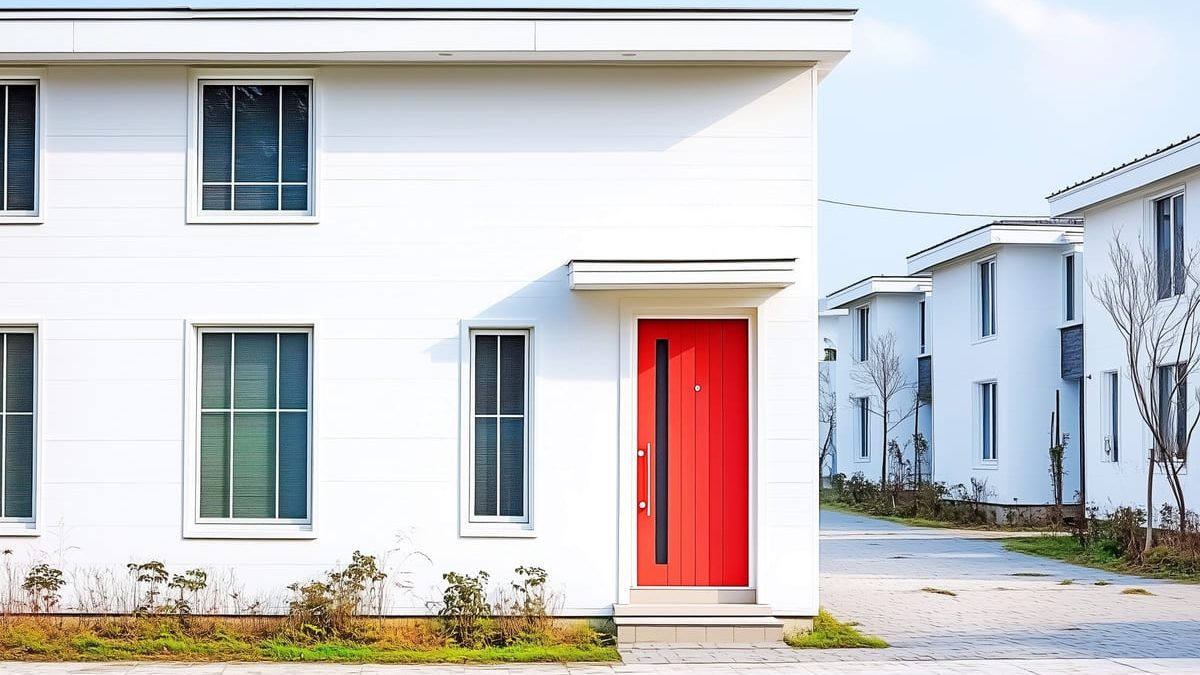 A modern white house with a red front door, surrounded by similar houses in a residential area.