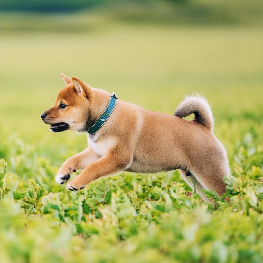 青い首輪をつけた柴犬の子犬が、緑の草原を元気よく跳びはねている。耳を立て、ふわふわの尻尾が背中の上で丸まっている。