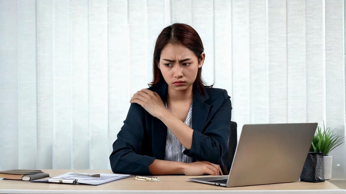 A woman in a dark blazer sits at her office desk, holding her shoulder with an uncomfortable expression. A laptop, books, and a small plant are on the desk.