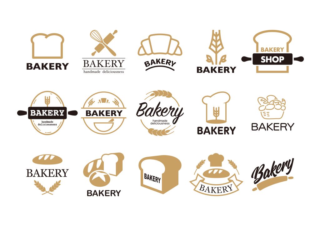 BAKERYの文字とパンのイラストで構成された15種類のシンプルなロゴマークの画像。