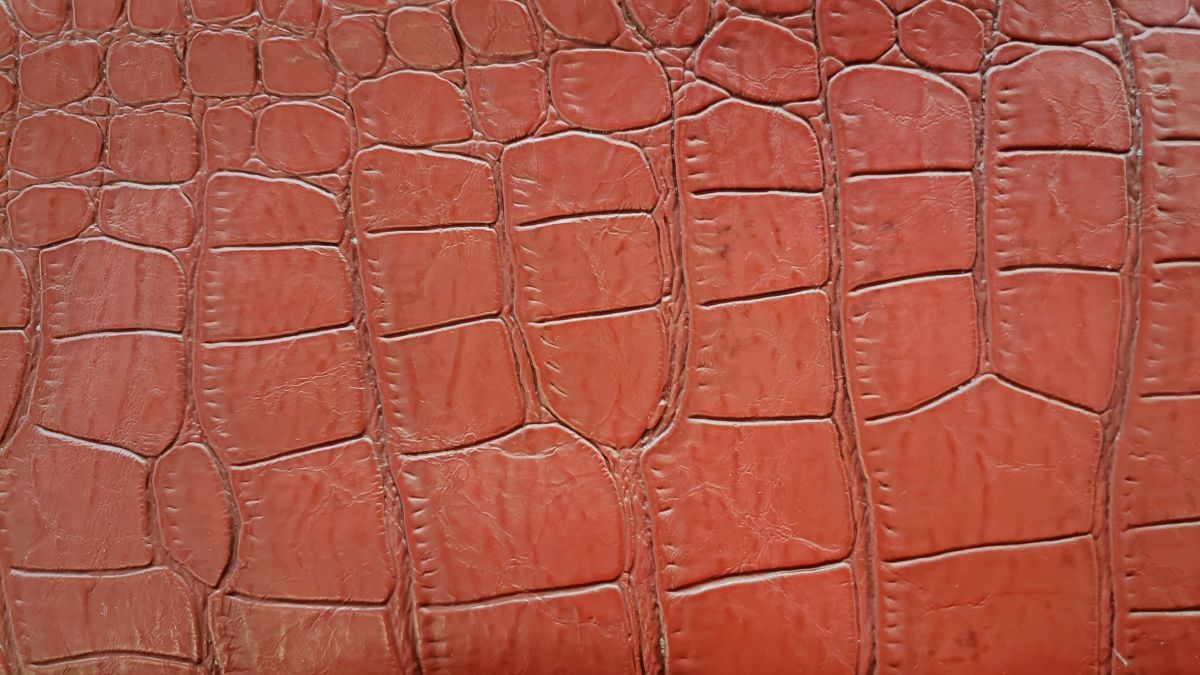 Close-up image of red crocodile leather texture, featuring large and distinctive scale patterns.