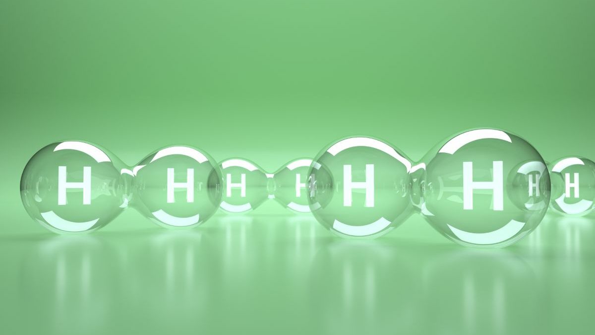 A 3D illustration of aligned hydrogen (H₂) molecules, symbolizing their ability to quickly penetrate the body and neutralize active oxygen.