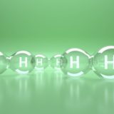 A 3D illustration of aligned hydrogen (H₂) molecules, symbolizing their ability to quickly penetrate the body and neutralize active oxygen.