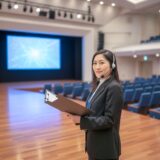 Female event staff preparing for a corporate event. Wearing a headset and holding documents, managing operations in a large hall.
