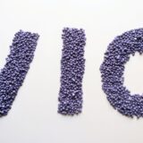 The word “VIO” formed with purple beads, symbolizing VIO hair removal and delicate zone care.