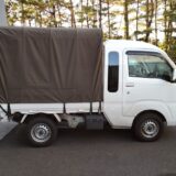 A used truck with a covered cargo bed parked on the roadside, representing a typical vehicle for buyback or resale.