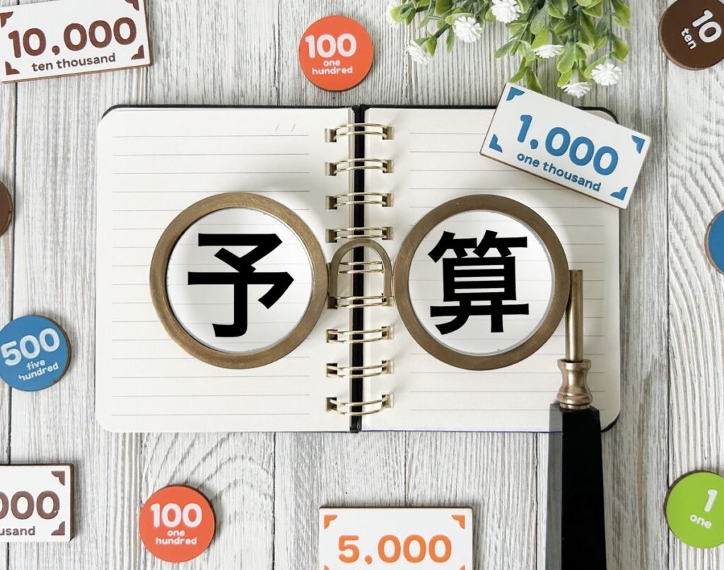 ノートに「予算」の文字が大きく映し出され、周囲に金額カードが並ぶ、広告予算を考えるイメージの写真。