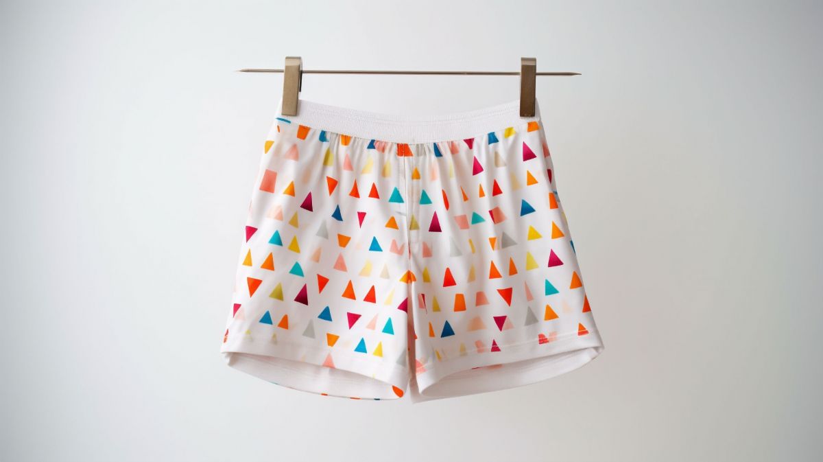 Men’s boxers with colorful triangle patterns on a white background, symbolizing cleanliness and comfort after VIO hair removal.