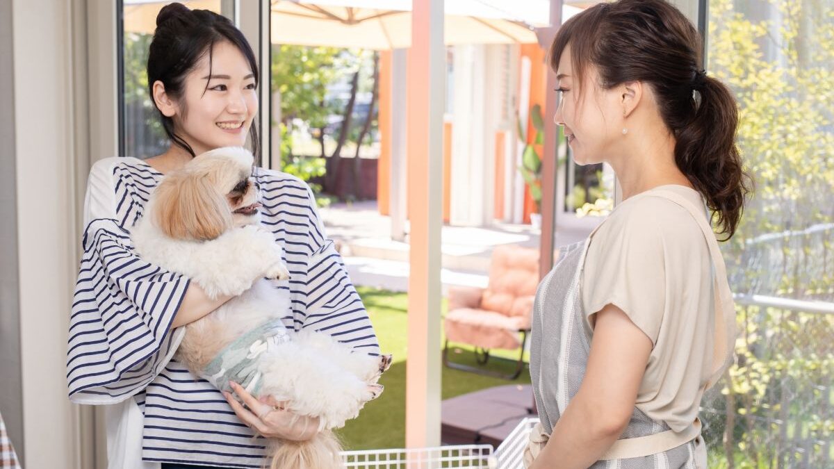 A pet owner handing over her dog to a pet hotel staff member, conveying a feeling of trust and relief.