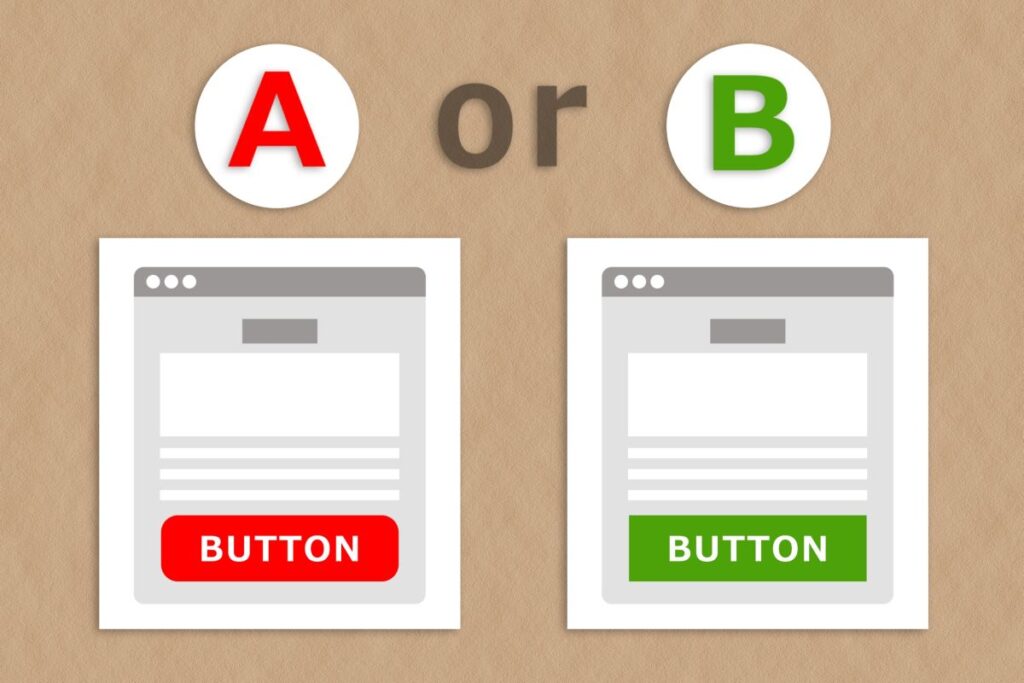 A案とB案のデザインを比較し、ボタン色の違いによるクリック率検証を示すA/Bテストのイメージ画像。