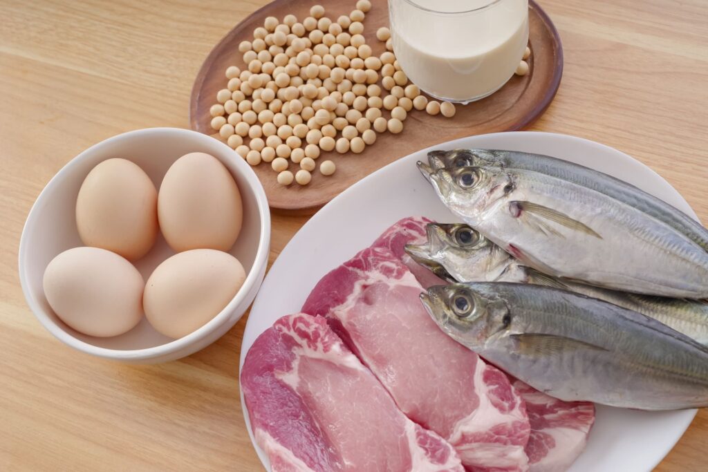 髪の主成分となるタンパク質を豊富に含む食材（卵、豚肉、アジ、大豆、牛乳）の俯瞰写真。育毛や美髪に欠かせない栄養素の紹介。