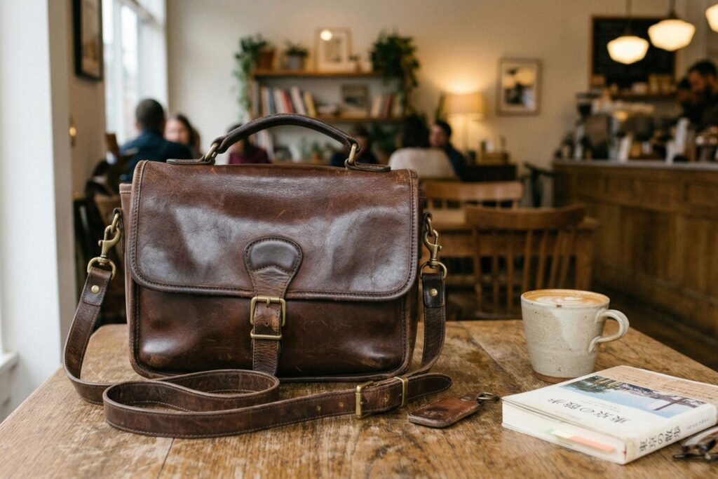 カフェのテーブルに置かれた、使い込まれて艶の出た茶色の本革ショルダーバッグ。