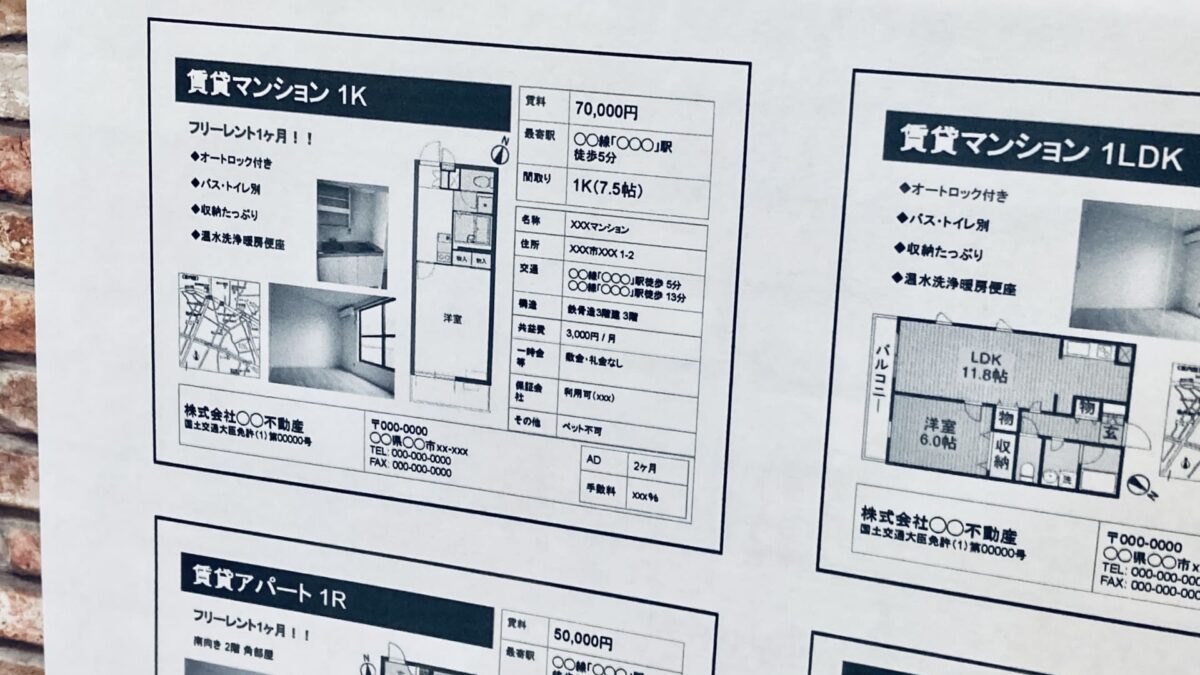 English:A close-up photo of rental property flyers with floor plans and details posted at a real estate agency window in Japan.