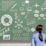 クロスチャネル広告の戦略を練る女性と、黒板に描かれたビジネスサイクルやマーケティングデータの図解