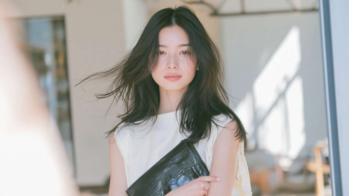 A woman in a white top holding a black crocodile-embossed clutch bag under her arm
