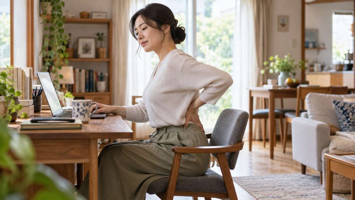 Woman experiencing lower back discomfort while working on a laptop at home