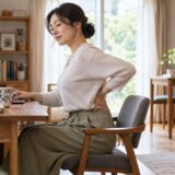 Woman experiencing lower back discomfort while working on a laptop at home