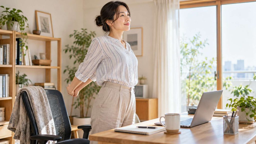 デスクワークの合間に立ち上がり、背中を軽く伸ばして休憩する女性
