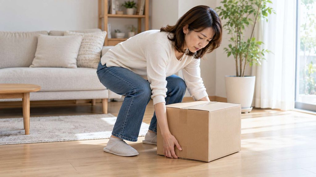 自宅で床に置かれた重い段ボール箱を持ち上げようとする女性