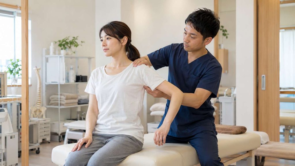 整骨院で施術者が患者の肩まわりの状態を確認している様子