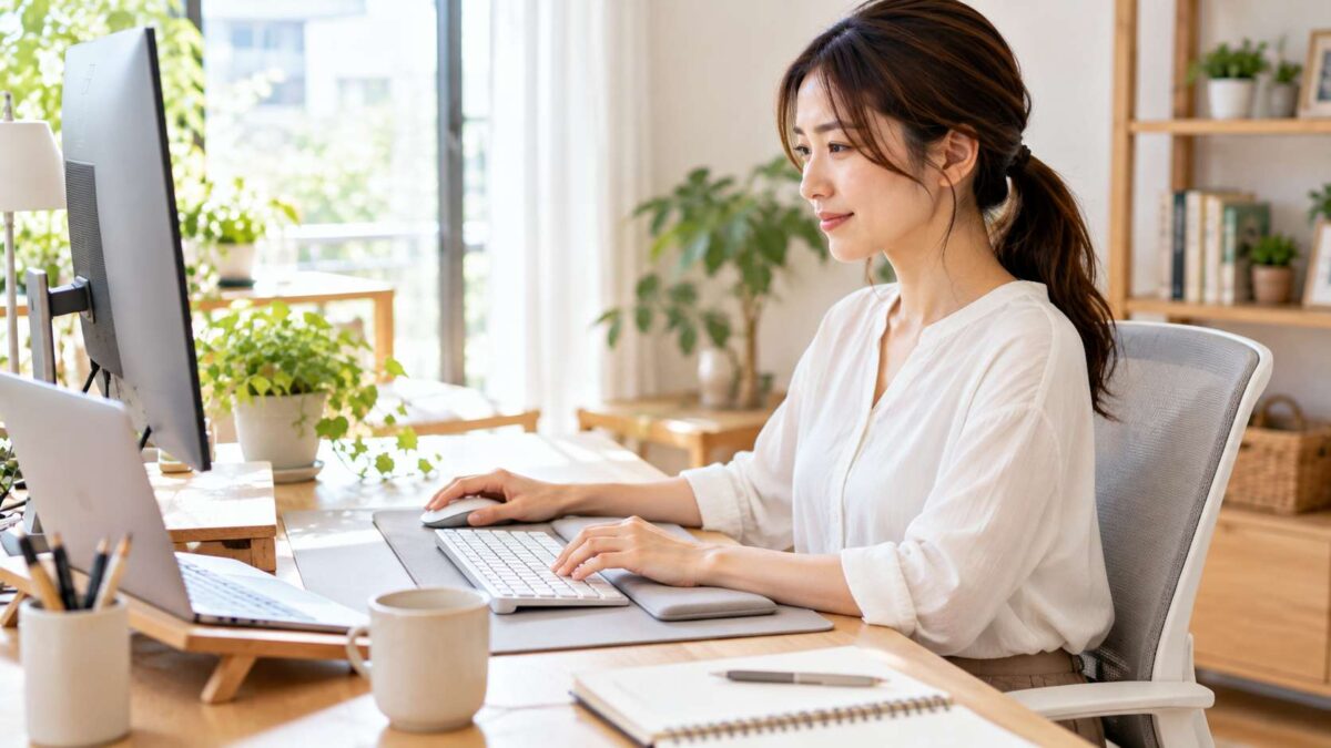 Woman working at a computer in a home office, illustrating everyday activities that can put strain on the wrists.