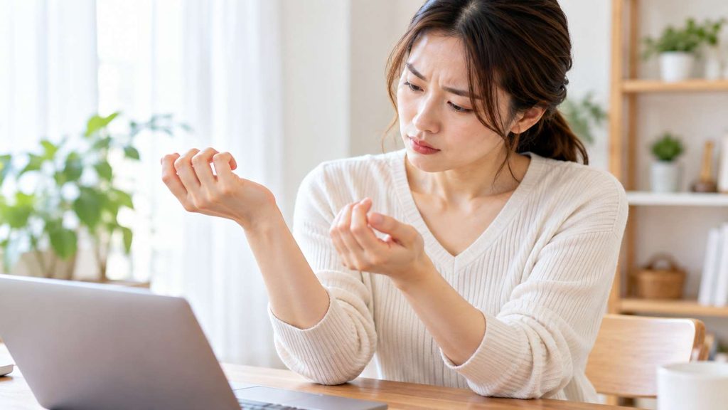 手首の痛みや違和感がないか、自分の手首を見ながら状態を確認する女性