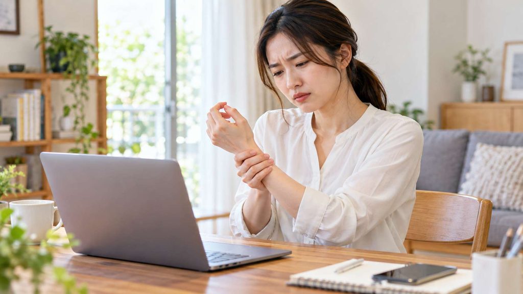 パソコン作業の合間に痛みを感じる手首を反対の手で優しく支える女性