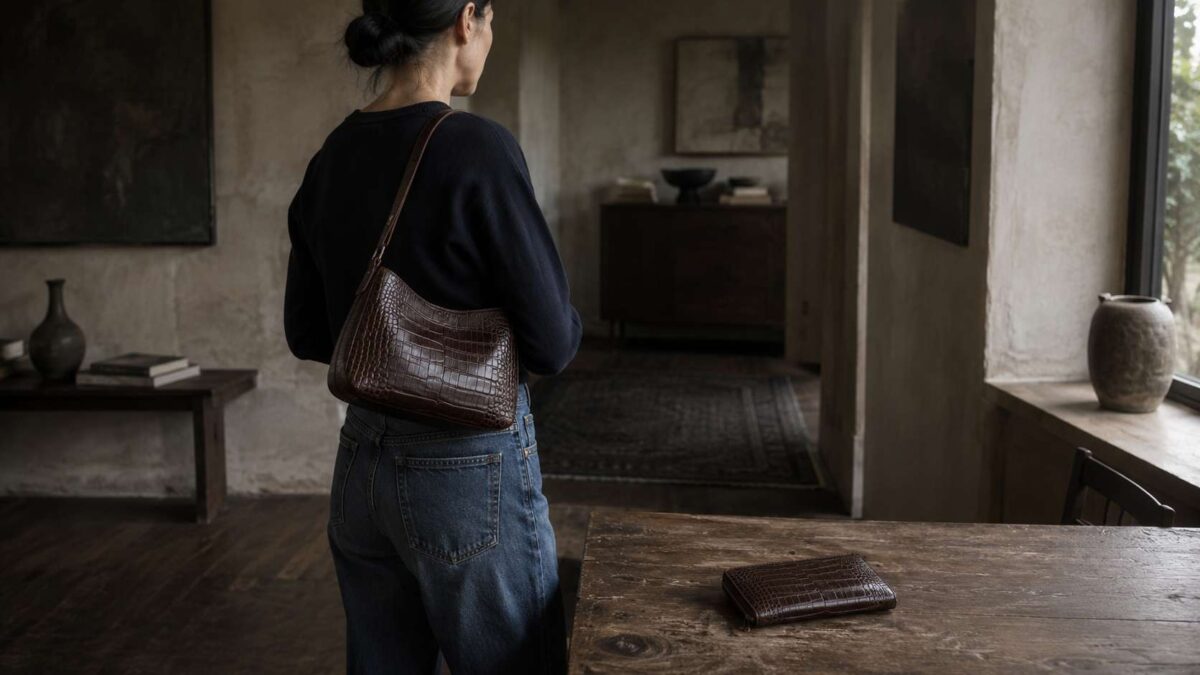 A person in denim and a plain black top carrying a crocodile leather shoulder bag in a dark-toned interior, with a matching crocodile leather wallet resting on a wooden table nearby