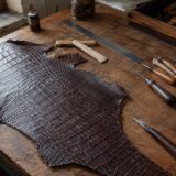 Crocodile leather material and cutting tools laid out on a craftsman's workbench