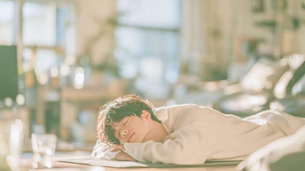 A man resting face down on a mat in a sunlit room