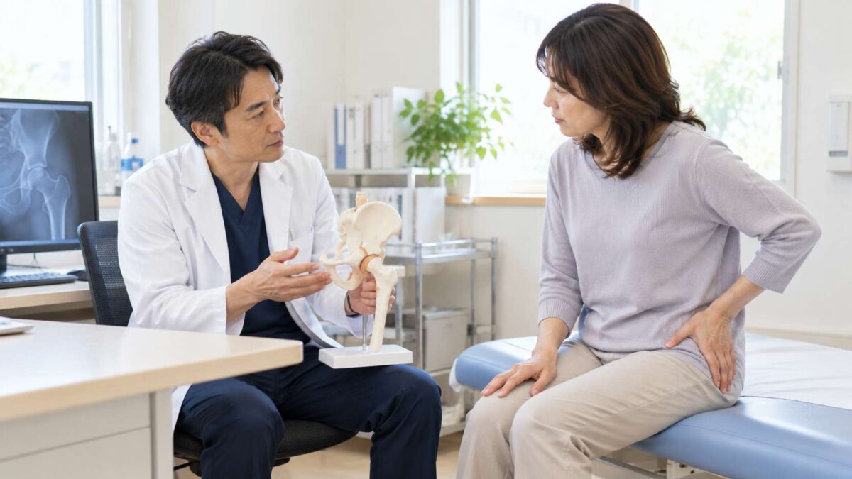 Orthopedic doctor explaining hip pain using an anatomical hip joint model during a consultation with a female patient.