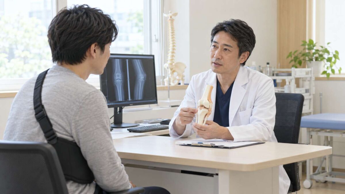 Orthopedic doctor explaining an injury and treatment options to a patient during a consultation